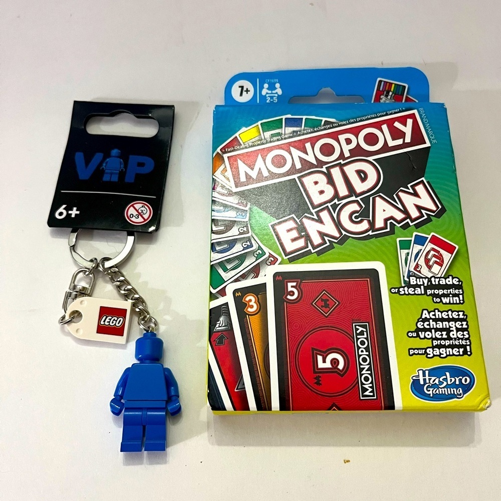 LEGO Blue Minifigure Keychain & Monopoly Bid Game, Stocking Stuffers